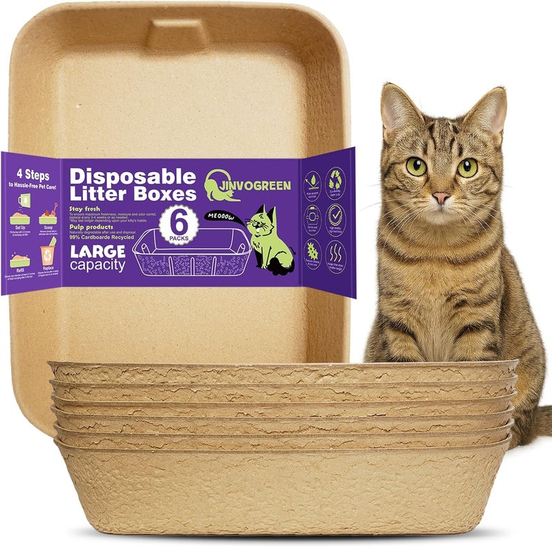 JINVOGREEN Disposable Litter Boxes for Cats, 6 Pack Cat Litter Trays for Travel, Temporary Use, or Liner – Leak-Proof, Eco-Friendly, Easy Clean-Up (16.1" x 12.4" x 3.7") - Image 1